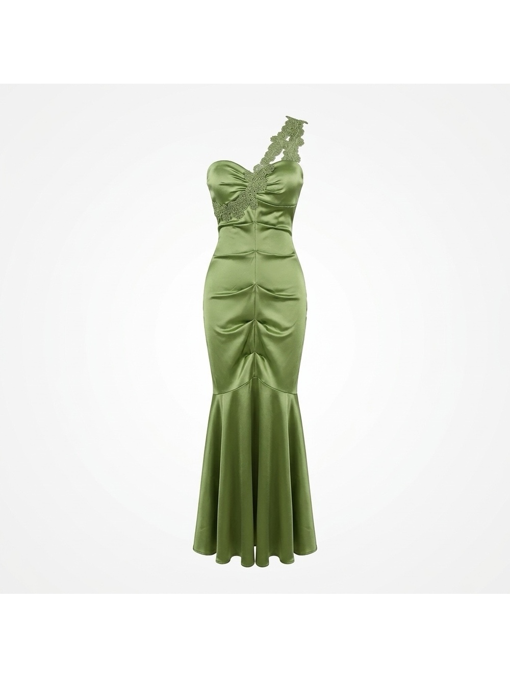 Xscape Green Satin One-Shoulder Evening Gown Dress Size 4